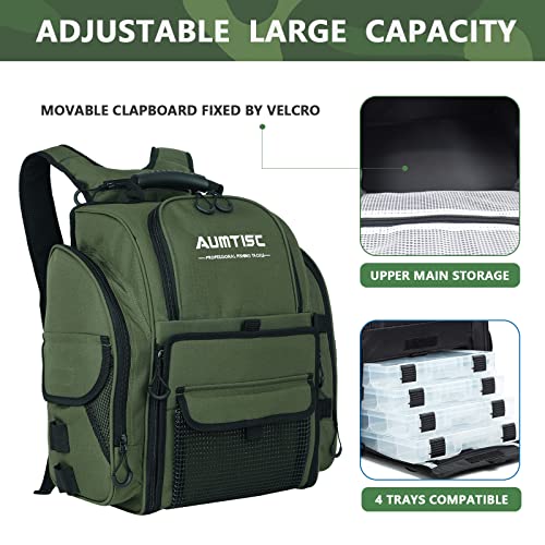 AUMTISC Fishing Tackle Bag Backpack for Men with 4 Tackle Boxes, 2 Rod Holder, Rain Cover, Large Fishing Equipment Gear Bags for Camping, Hiking