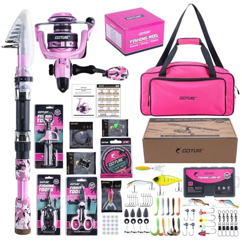 Goture Pink Fishing Rod and Reel Combo - ML Action Spinning Reel Pole with Pink Bag - Telescopic Rod Kit for Starter Travel Saltwater Freshwater, Gift for Woman - color: Pink Pole - Duffle Bag (w/ Bottle Opener), size: 8FT/2.4M