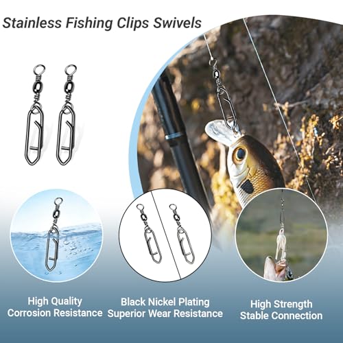 AMYSPORTS Heavy Strength Fishing Snap Stainless Saltwater Freshwater Fishing Swivel Clip Rolling Barrel Fishing Clips Swivels Speed Change Black Nickel - size: Size 6+M (56lb) 50 pcs