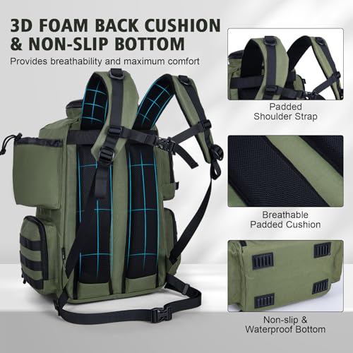 Goture Fishing Backpack,900D Water-Resistant Tackle Backpack with Rod Holders, SBS Zippers,45L Large Fishing Bag Storage Gear Tackle Bag with Rain Cover, Bottle Holder for Travel Camping Hiking - color: A1:Army Green(Only Bag), size: Without Tackle Boxes