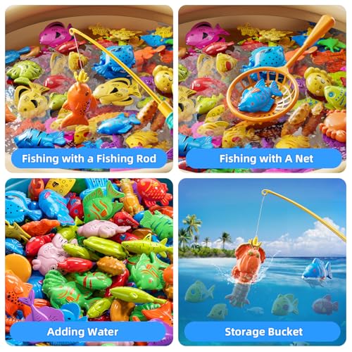 TEMI Fishing Toy Game for Kids 3 4 5 6 7 8 Years Old, 51 Fish Bath Playset for Toddlers, Toy Magnetic Rod and Fishing Net, Outdoor Water Toys for Kids Age 3-5, Party for Boy and Girl - size: 51 Fish