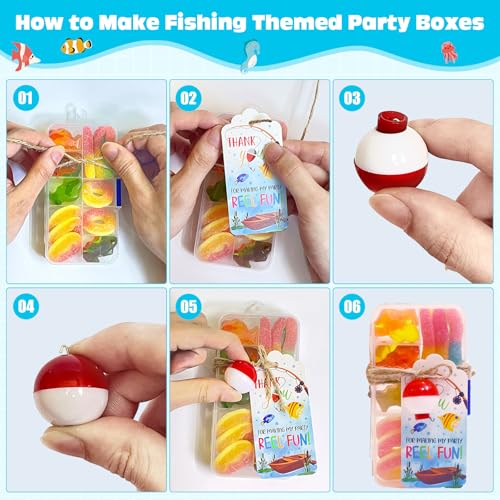 12 Set Fishing Candy Little Tackle Boxes for Birthday Party Favors with 12 Fishing Bobber 12 Thank You Cards for Making My Party Reel Fun Gone Fishing Theme Supplies Fishing Decorations (12)