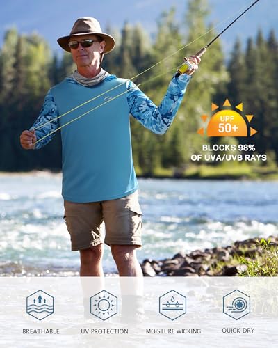FISHEAL Men's Performance Fishing Hoodie Shirt - UPF 50+ UV Sun Protection Long Sleeve Shirts with Mesh Face Mask - color: Sparkling Blue Camo, size: 3X-Large