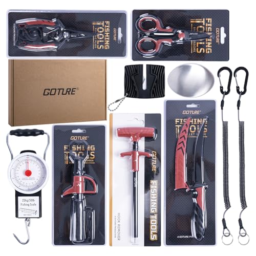 Goture Fishing Tool Kit,Fishing Pliers,Fillet Knife with Sheath,Fish Lip Gripper,Fish Hook Remover,Lanyard,Line Scissors,Sharpener,Stainless Steel Soap,Saltwater Gear Kit,Red/Pink,Gifts for Men/Women - color: A4:10pcs Fishing Tool Kit