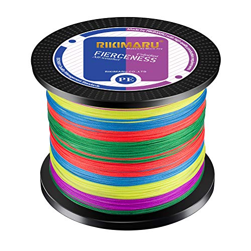 RIKIMARU Braided Fishing Line Abrasion Resistant Superline Zero Stretch&Low Memory Extra Thin Diameter 327-1094 Yds, 4-180LB - color: Multicolor, size: 327 Yds/0.35mm(8 Strands)/50LB