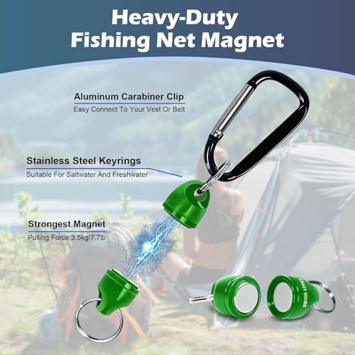 Magnetic Net Release for Fly Fishing, Aluminum Magnetic Quick Release Keychain, Fly Fishing Net Magnet Holder Retractor with Carabiner - color: green