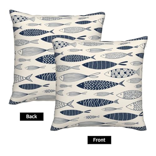 Ornamental Fish Throw Pillow Covers Watercolor Blue Fish Square Pillow Cases 20x20 Inch Set of 2 Cute Sea Sketch Outdoor Decorative Pillowcase Cushion Cover for Couch Sofa - color: Blue Beige, size: 20" x 20" (Pack of 2)