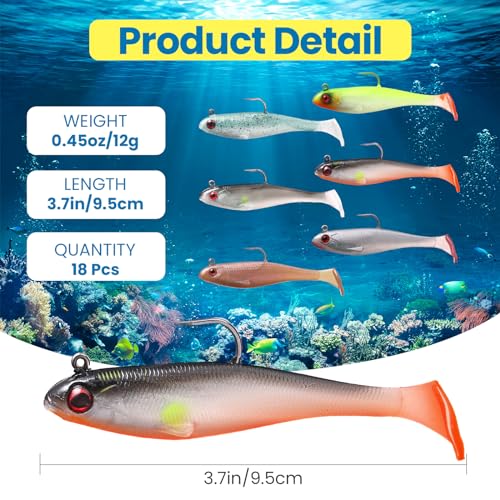 Mimorou 18 Pcs Soft Fishing Lures with Pre Rigged Jig Head Lifelike Paddle Tail Swimbaits Bass Fishing Lures with Sharp Hook 3D Eyes Mixed Colors for Bass Trout Crappie Walleye Freshwater Saltwater