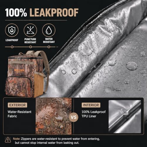 Backpack Cooler, 42 Can 16mm Leakproof Soft Cooler Backpack, Waterproof & Lightweight Camo Lunch Backpack for Work, Fishing, Beach, Day Trips, Large Capacity with Dry/Wet Storage