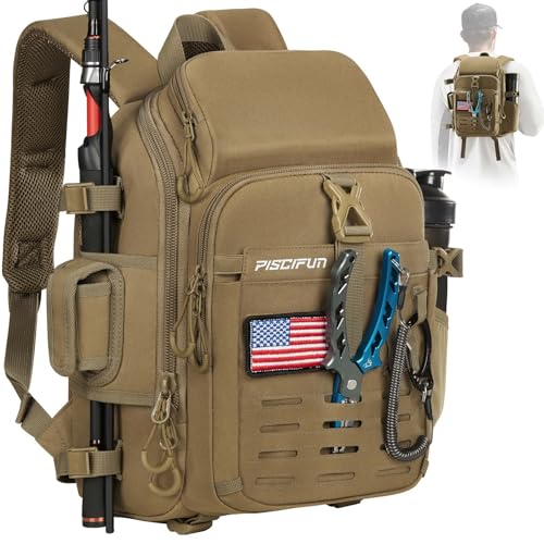 Piscifun Fishing Tackle Backpack with Rod & Gear Holder, Lightweight Outdoor Water-Resistant Fishing Shoulder Storage Bag with Protective Rain Cover, Khaki - color: Khaki, size: Standard