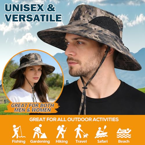 Wide Brim Sun Bucket Hat, Waterproof Boonie Hat for Men & Women | UPF 50+ UV Protection, Adjustable Fit, Chin Strap & Sweatband, Foldable Durable for Fishing Hiking Garden Beach - color: 05 Khaki (Camo)