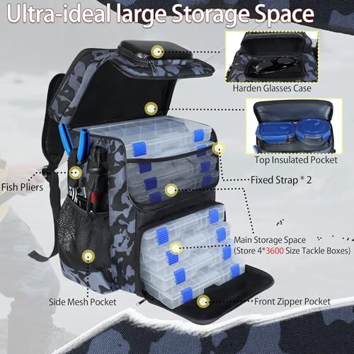 Fishing Backpack with Rod Holder, Large 50L Tackle Bag Water Resistant Tackle Backpack Heavy Duty Fishing Bag Gift for Men Woman - color: Camo Black without Tackle Boxes or Fishing Tools