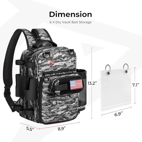 Piscifun Fishing Tackle Backpack, Convertible Sling or Waist Pack, 16-Pocket Storage Gear Bag with 2 Rod Holders & Rain Cover - color: Black Camo