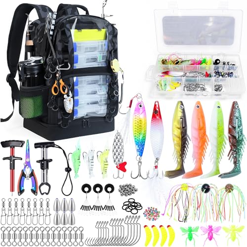 Fishing Backpack with Tackle Boxes,45L Large Tackle Bag with Cooler & Fishing Gear Kit,Waterproof Tackle Backpack for Gift with Fishing Lures, Fishing Pliers,Camouflage - color: Camouflage Black(with Fishing Gear)