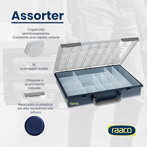 Raaco Assorter Tool Box Organizer – Full-Size –15 Slots Adjustable Grid, Semi-Transparent Lid, Polypropylene (PP) Storage Box for Screws, Nuts and Bolts, Small Parts & Hardware (Assorter 55 4x8-15) - size: Full-Size –15 Slots, style: Adjustable Grid