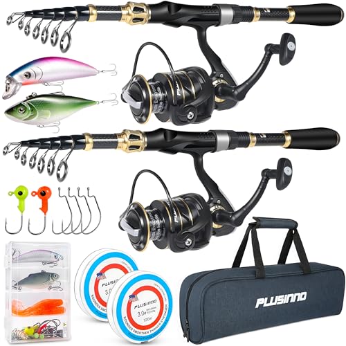 PLUSINNO Fishing Rod and Reel Combo, Telescopic Fishing Pole Kit with Spinning Reel, Tackle Box, Fishing Lures and Travel Carrying Bag, Fishing Gear Gifts for Men - color: 2pack Full Kit with Carrier Case, size: 2.4M 7.87FT