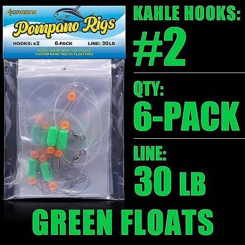 Pompano-Rigs-for-Surf-Fishing-Saltwater-Gear with Double Circle & Wide Gap Hook-6-Pack Surf Fishing Tackle - color: Green Floats 6-Pack, size: #2 Wide Gap Hook