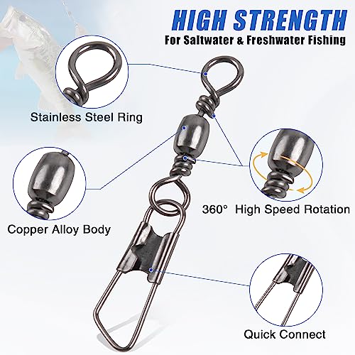 SILANON Fishing Barrel Swivel with Safety Snap,145/160pcs High Strength Fishing Snap Swivels Stainless Steel Line Connector Saltwater Fishing Tackle Accessories - style: 145pcs Kit (4,6,8,10,12#)