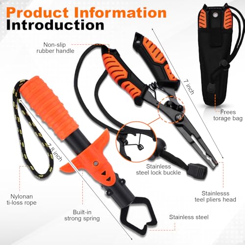 Ceenna 14 Pcs Fishing Tool Kit, Fishing Pliers, Retractable Landing Net, Lip Gripper, Fillet Knife, Digital Scale, Hook Remover, Scaler, Braid Scissors, Sharpener, Tool Retractor Accessories - color: Orange
