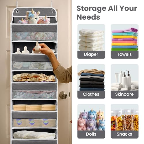 Easy Assembly Over The Door Organizer, 6 Shelves& 10 Side Pockets, Heavy-Duty Reinforced Mesh Rack Holds 44lb, Hanging Behind Door Storage for Bathroom Pantry, Nursery, Closet, Shoes, Towels-Dark Grey - color: Dark Grey, size: 6 shelf