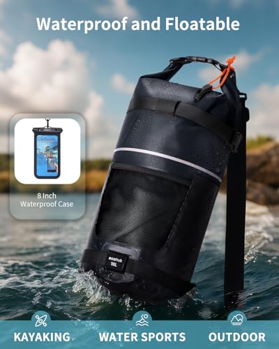 ECOHUB Waterproof Dry Bag for Women Men, 5L/10L/20L Roll Top Lightweight Dry Storage Bag Backpack for Travel Kayaking Hiking Floating with Waterproof Phone Case,Black - color: Black, size: 20L