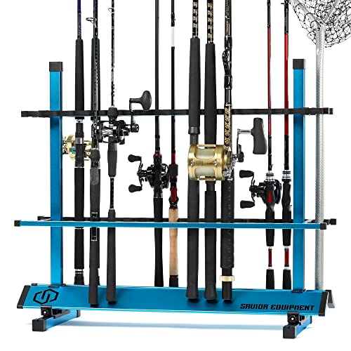 Savior Equipment Fishing Rod Rack Holder Organizer, 24-48 Slots to Hold Fresh Salt Water Spinning Rods & Reel Combo, Lightweight Aluminum Vertical Fish Pole Garage Storage Ground Display Stand - color: Ocean Blue, size: 36-Slots