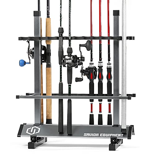 Savior Equipment Fishing Rod Rack Holder Organizer, 24-48 Slots to Hold Fresh Salt Water Spinning Rods & Reel Combo, Lightweight Aluminum Vertical Fish Pole Garage Storage Ground Display Stand - color: Gunmetal Gray, size: 24-Slots