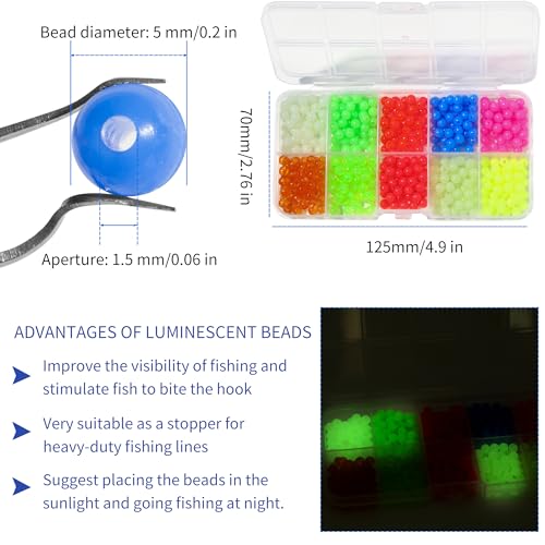 Fishing Beads, 10 Colors Beads for Fishing Rigs, 5mm Glow in the Dark Beads for Fishing in the Dark