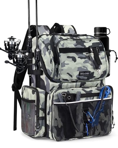 HXLGMD Fishing Backpack with Rod Holders, 43L Large Water Resistant Tackle Bag Storage Gear and Equipment with Cooler for Men Fishing, Camping, Hiking, Grey - color: Grey Camo