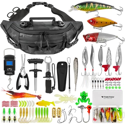 THKFISH Fishing Waist Pack Bag with Tackle Box, Small Fishing Sling Fanny Pack with Lure Kit, Fish Pliers Kit, Lip Gripper, Weigh Scale