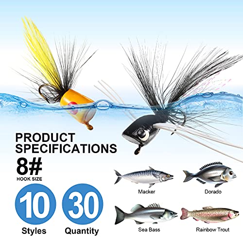 30 Pcs Fly Fishing Poppers Flies Kit, Topwater Bass Popper Lures with Hooks Colorful Freshwater Fly Popper Assortment for Bluegill Panfish Perch Crappie(Size 8,Chic Colors) - color: Chic Colors