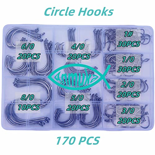 Circle Hooks Fishing Hooks 2X Strong 170PCS/Box|220PCS/Box Octopus Catfish Fish Bulk Fishing Hooks Set Saltwater Freshwater Gear Equipment#1 1/0 2/0 3/0 4/0 5/0 6/0 8/0 10/0 - color: BLACK-170PCS