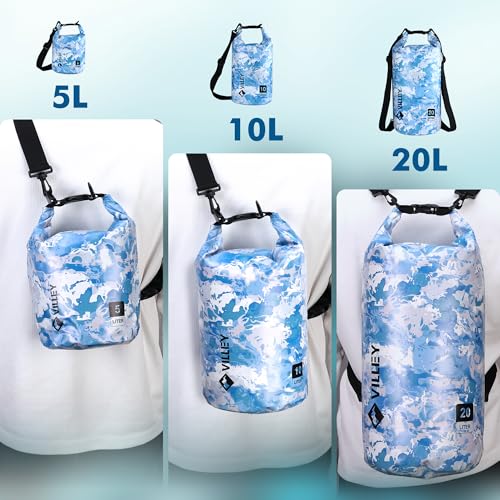 VILLEY Dry Bag Waterproof 10L Roll Top Storage Backpack, Keeps Gear Dry Lightweight Backpack for Kayaking Boating Camping Swimming and Beach Accessories Blue Camo - color: Blue Camo, size: 10L