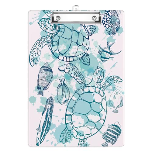 Watercolor Sea Turtle Clipboard, Ocean Fish Decorative Clip Board with Metal Clip Cute Plastic Clipboards A4 Standard Size 8.5" x 12.5" for Nurses, Students, Office - color: Watercolor Sea Turtle