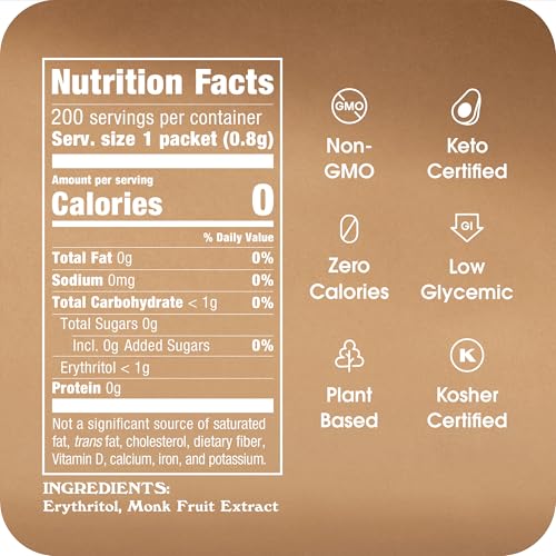 Monk Fruit In The Raw, Sweetener Packets, 200 Ct | Keto Certified Monk Fruit Sweetener Packets, Zero Net Carbs, Zero Calories, Non-GMO Project Verified, Vegan - size: 200 Count (Pack of 1)
