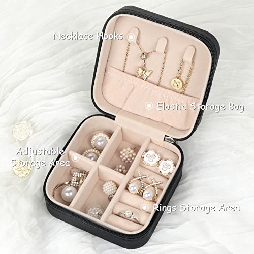 MFXIP Travel Jewelry Case Small Jewelry Box Jewelry Organizer Storage Case Portable PU Leather Mini Jewelry Travel Case for Girls Womens Earring, Necklace, Rings,Bracelets - color: Black