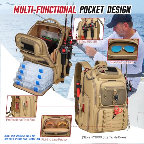 Fishing Tackle Backpack,Tackle Bag with 2 Rod Holders,Water-Resistant Large Storage Fishing Gear and Equipment (B-Khaki) - color: B-Khaki(Without tackle box)