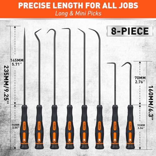 HORUSDY 8-Piece Professional Hook and Pick Set for Automotive Precision Work, Oil Seal Puller, O-Ring & Gasket Removal Tools with Ergonomic Handles for Mechanics, DIY Car Repair - size: 8-Piece