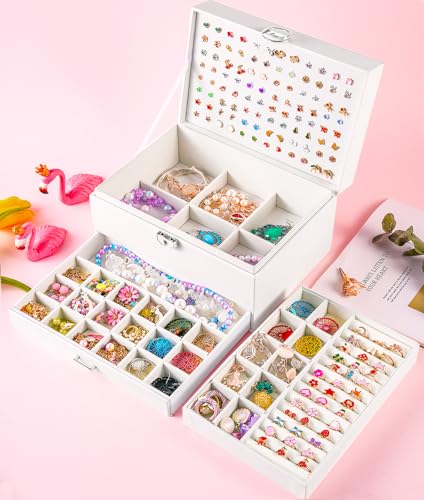 QBestry Earring Jewelry Box for Women Girls Stud Organizers, 5 Layers White Jewelry Organizer Box with Lock Necklaces and Earrings Holder Jewelry Box with Earring Organizer for Women Girls Xmas Gifts - color: White, size: Large