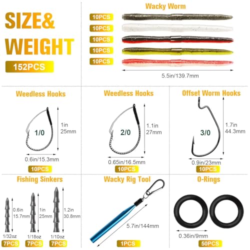 Dovesun Wacky Worm for Bass Trout Fishing Worms Kit with Soft Plastic Baits, Weedless Hooks, Bass Hooks,Weedless Jig Head, Wacky Rig Tool, O-Rings, Weight 152Pcs/131Pcs/50Pcs - color: B-152PCS Wacky Worms & Fishing Hooks Kit