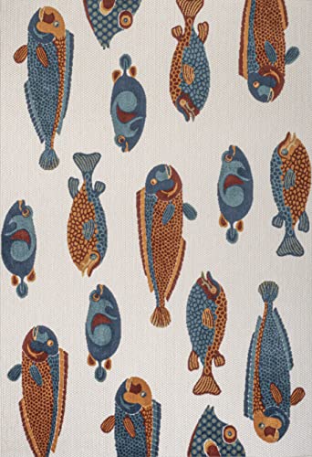 Eyely Fish High-Low Area Rug 5 X 8 Navy/Orange/Cream, Indoor Outdoor Rug | Ships Rolled, Durable Flat Weave, Lays Flat for Backyard, Patio, Porch, Easy-Cleaning, High Traffic,Pet-Friendly,Non-Shedding