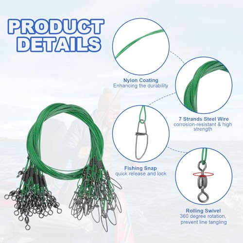 PATIKIL Fishing Wire Leader Line Steel Heavy Saltwater Fishing Leader Line High Strength with Rolling Swivel and Snap - color: Green