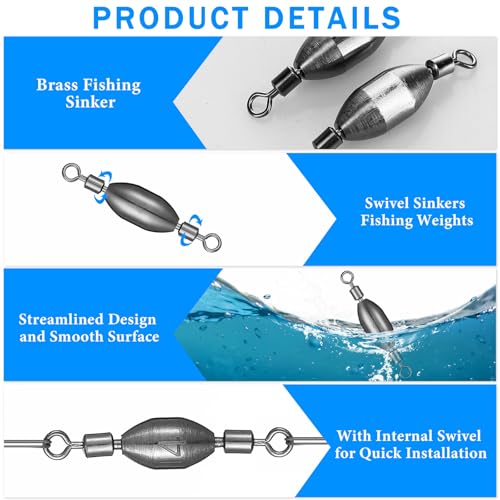 Seenelling 20 Pcs Brass Fishing Sinker Swivel Fishing Weights Saltwater Bullet Sinkers Drop Shot Weight Egg Sinkers with Swivel Rolling Removable Freshwater - size: 1/2 oz