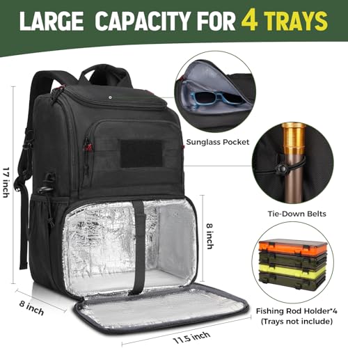 MATEIN Fishing Backpack Tackle Box, Water Resistant Tackle Backpack with Cooler & Rod Holders, Fishing Gifts for Men - color: Black