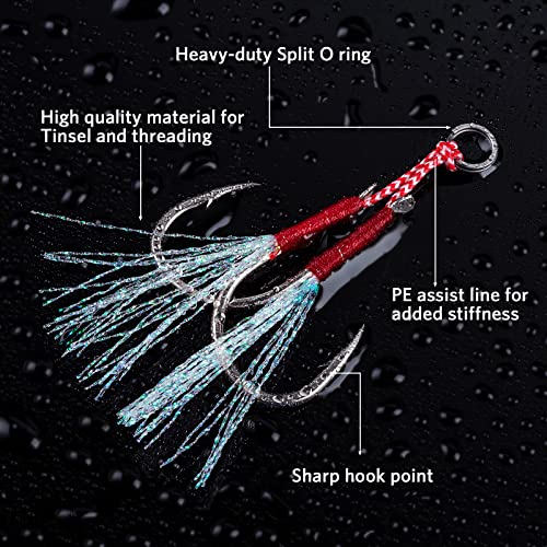 Goture Double Fishing Assist Hooks Kit Jig Assist Glow Hook Slow Fast Fall Jigs Fishing Hook for Lead Vertical Jigging Lures Pack of 5 - color: Red, size: #1/0 0.53oz(5pcs)