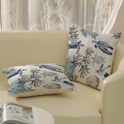 Nautical Coastal Pillow Covers 18x18 Set of 2 Beach Themed Ocean Coral Sea Turtle Decorative Throw Pillows Blue Outdoor Decor Pillow Cases Linen Farmhouse Cushion Case for Sofa Home Holiday - color: Coral Sea Turtle, size: 18" x 18" (Pack of 2)