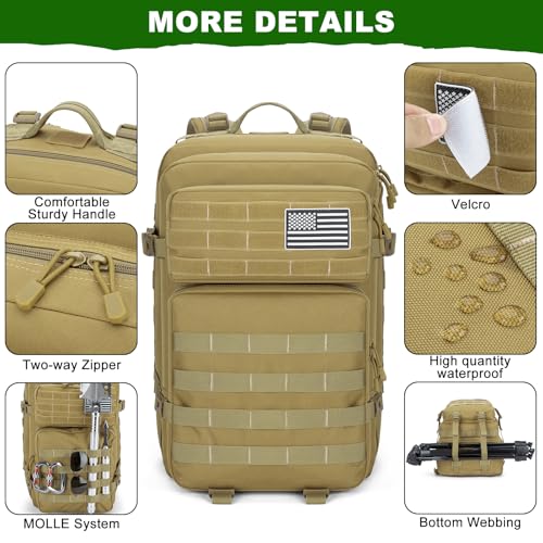 Tactical Backpack 45L Army Military Rucksack, Water Resistant MOLLE Pack, Large 3 Day Bug Out Bag for Men & Women, Durable Outdoor Gear for Hiking, Camping, Hunting, Travel (Khaki) - color: Khaki