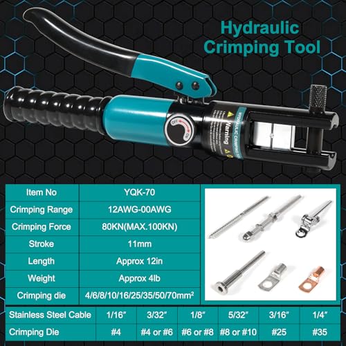 Brileine 10-Ton Hydraulic Crimping Tool with 9 Dies - Battery Cable Crimper Tool & Wire Rope Crimping Tool for 12 AWG to 2/0 AWG, 1/16" 1/8" 3/16" Stainless Steel Cable Railing Tool, Hydraulic Crimper