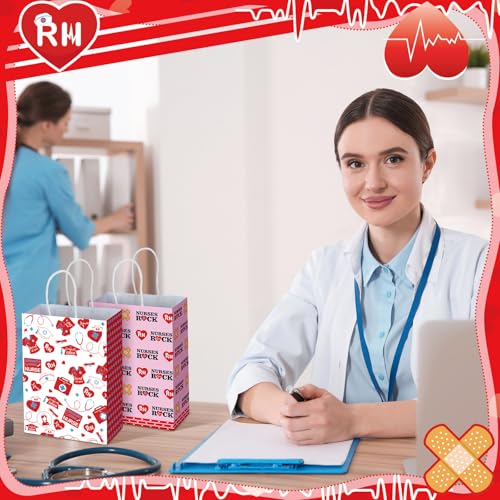 Kosiz 24 Pcs Nurse Week Gift Bags Paper Thank You Party Favors Bags Doctor Graduation Goodie Bag Nursing Appreciation Candy Treat Bag with Handles for Nurse Day Medical Party Decoration Supplies - style: Nurse