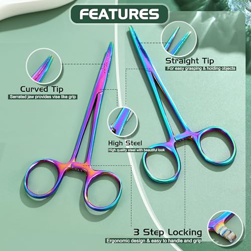 GEMQUEEN Piercing Curved and Straight Forceps for Changing Jewelry - 316L Surgical Stainless Steel Pliers Tool Set Colorful Locking Tweezers Clamps for Removal Earrings Lip Nose Rings 2 PCS - color: Colorful